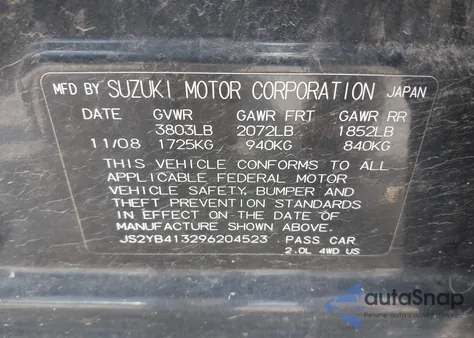 2009 Suzuki Sx4 Technology z USA, uszkodzony, nr VIN JS2YB413296204523